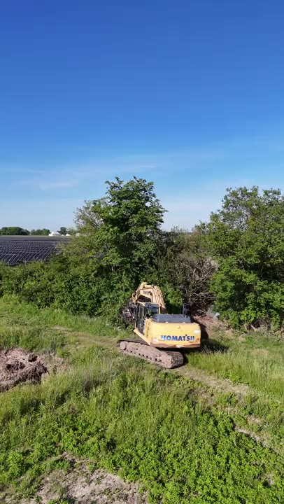 Excavator reclaiming an overgrown open ditch in Shelby County